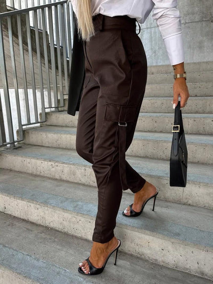 Cheky - Fashion Slim-fitting Leather Trousers Women Waist-cinching Zipper Design Pants With Pockets