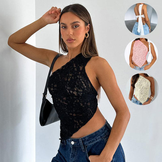 Cheky - Ins Lace Backless Top Summer Solid Color Waistless Asymmetrical Sloped Neck Vest Streetwear Womens Clothes