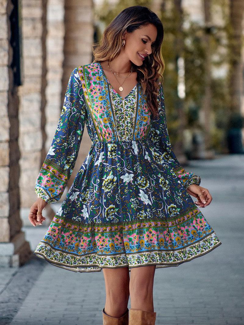 Cheky - Printed V-neck Waist-controlled Long Sleeves Dress Women