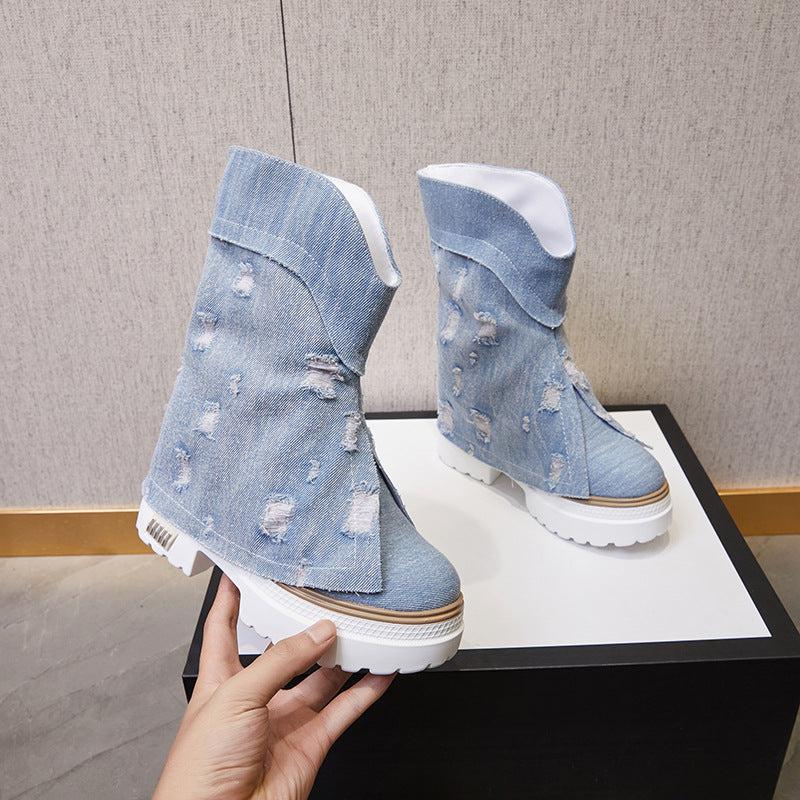 Cheky - Women's Autumn And Winter New Fleece-lined Denim Leisure Boots