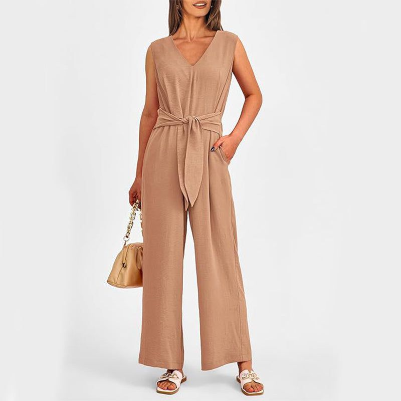 Cheky - New V-neck Sleeveless Long Jumpsuit With Pockets And Lace-up Design Wide-leg Straight Trousers Summer Womens Clothing