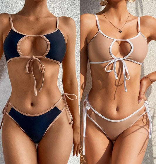 Cheky - Lace-up Panel Ladies Swimsuit Bikini 2 Piece Set