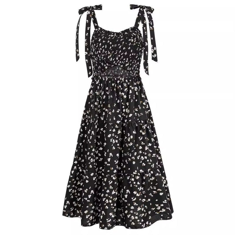 Cheky - Printed Smocking Hollow Out Bundle Shoulder Strap Dress Women