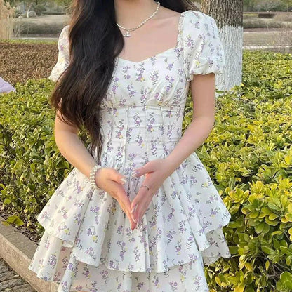 Cheky - Summer Soft Bubble Sleeve Princess Fragmented Flower Dress