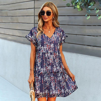 Cheky - Flowers Print Short-sleeved Dress Summer Loose Chiffon A-line Dresses Fashion Casual Holiday Beach Dress For Womens Clothing