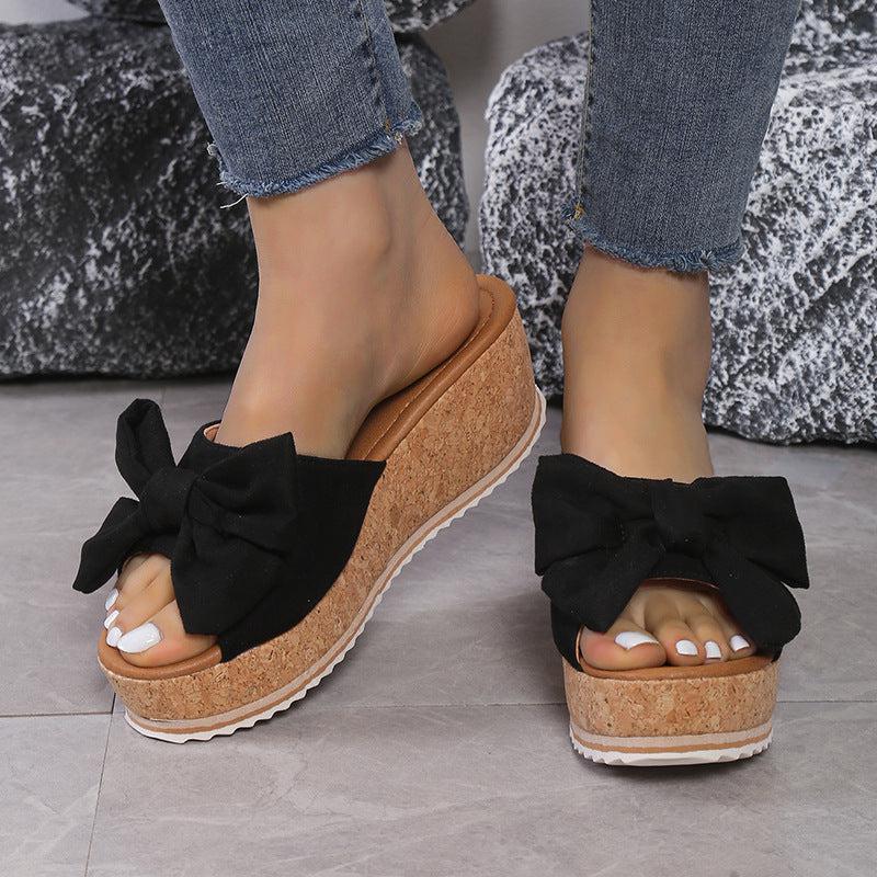 Cheky - Fashion Bow Leopard Print Wedge Slippers For Women New Thick-sole High Heel Flat Shoes Summer Outdoor Fish Mouth Slippers