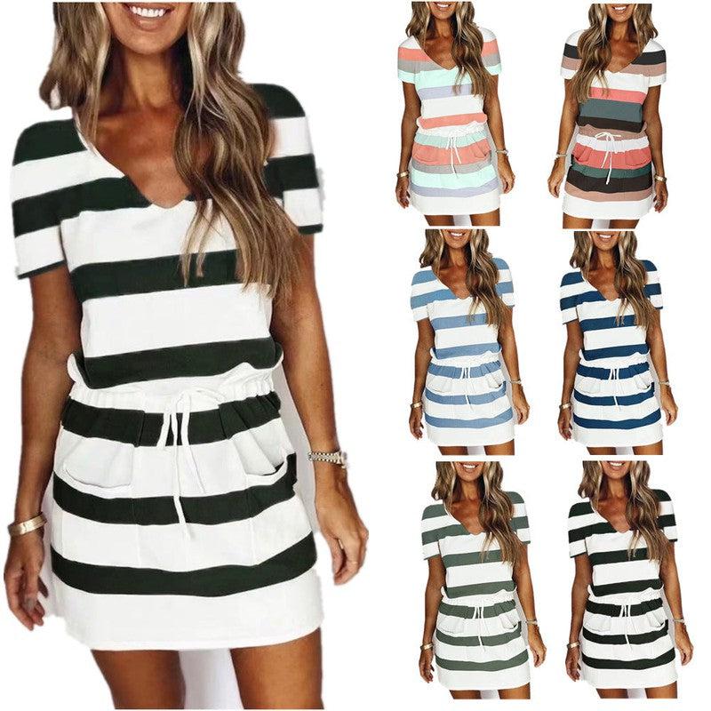 Cheky - Striped Print Short-sleeved Dresses Summer Fashion V-neck Drawstring Design Short Dress Beach Womens Clothing