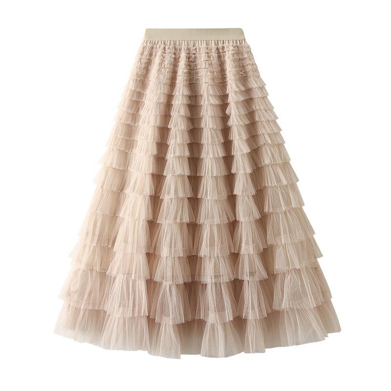 Cheky - A-Line Mesh Ruffle Skirt Women's Temperament Sweet Long Skirt Slim Cupcake Dress Womens Clothing