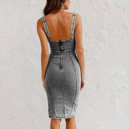 Cheky - New U-neck Suspender Denim Dress Summer Casual Tight Slim Fit Dresses With Slit Design Womens Clothing