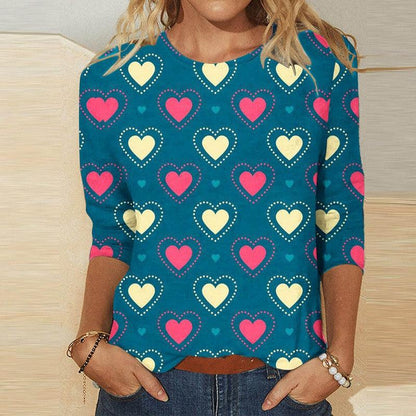 Cheky - Valentine's Day Female With Hearts Printing Crew Neck T-shirt Top