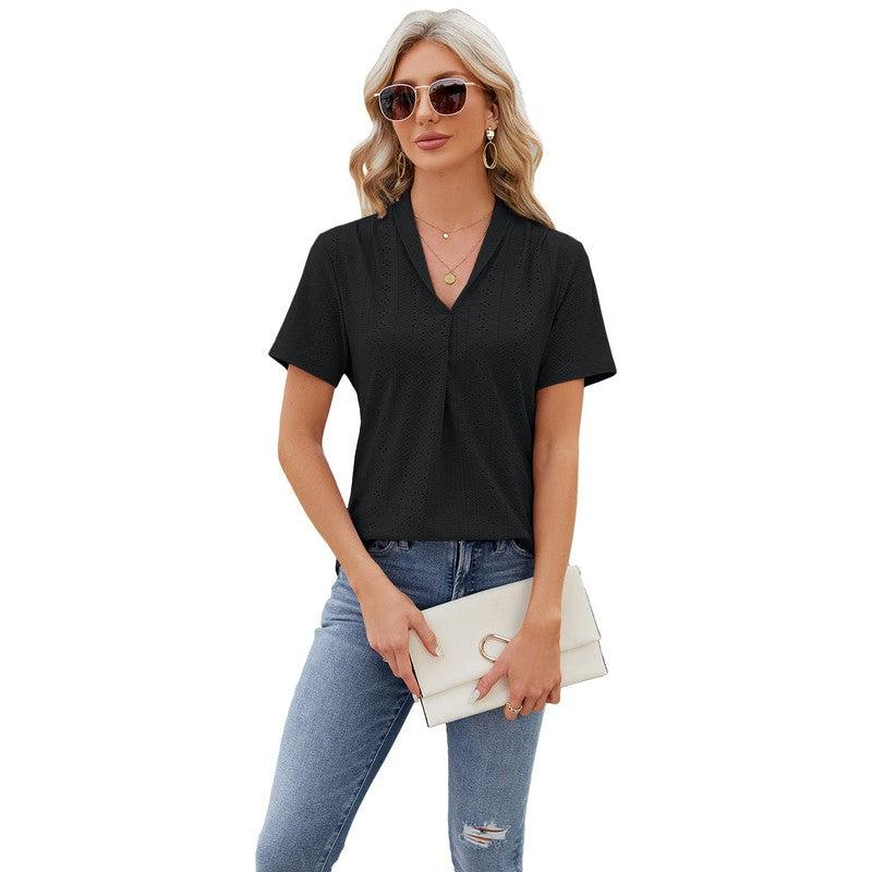 Cheky - V-neck Hollow Design T-shirt Summer Loose Short-sleeved Top For Womens Clothing