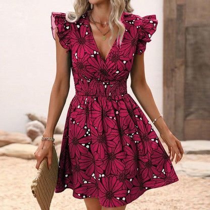 Cheky - New Flowers Print Ruffled Sleeveless Dress Summer Sexy Deep V-neck Slim-waist Short Dresses For Womens Clothing