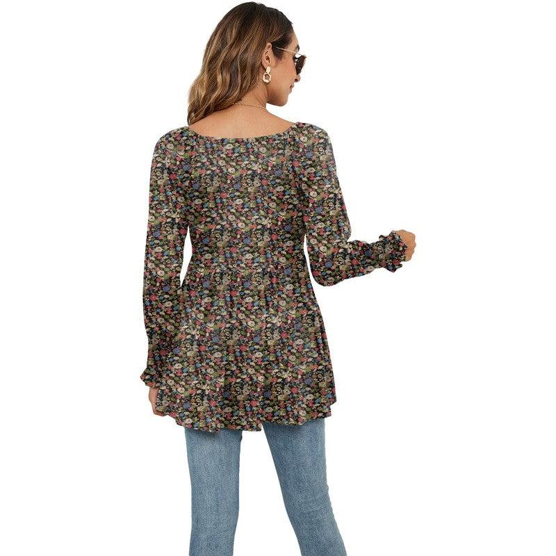 Cheky - Long Puff Sleeve Tops Women Flowers Print Casual V-Neck Blouse T-Shirts Babydoll Tops