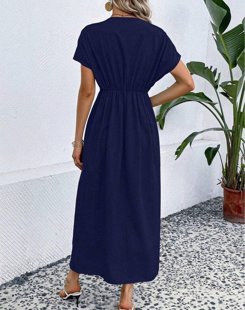 Cheky - Solid Color Deep V Shoulder Sleeve Folding Elastic Waist Long Dress