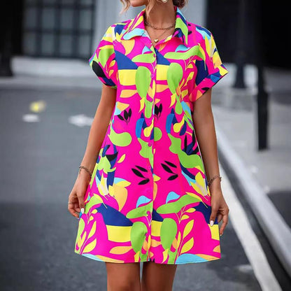 Cheky - New Floral Print Short Sleeve Shirt Dress Summer Fashion Lapel Loose A-line Dresses For Womens Clothing