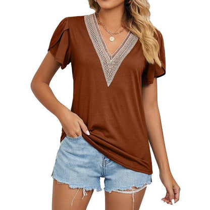 Cheky - Women's Temperament Fashion Lace V-neck Short-sleeved Tops