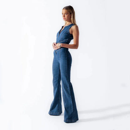 Cheky - Summer Slim Heart-shape Backless Denim Jumpsuit Women Halter Neck Zip Up High Waist Panst Retro Style Clothing