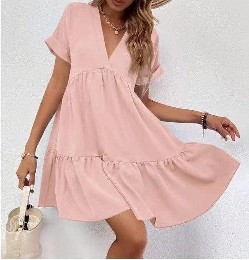 Cheky - New Short-sleeved V-neck Dress Summer Casual Sweet Ruffled Dresses Solid Color Holiday Beach Dress For Womens Clothing