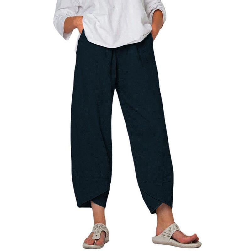 Cheky - Cotton And Linen Wide Leg Pants Solid Color High Waist Loose Casual Trousers For Women