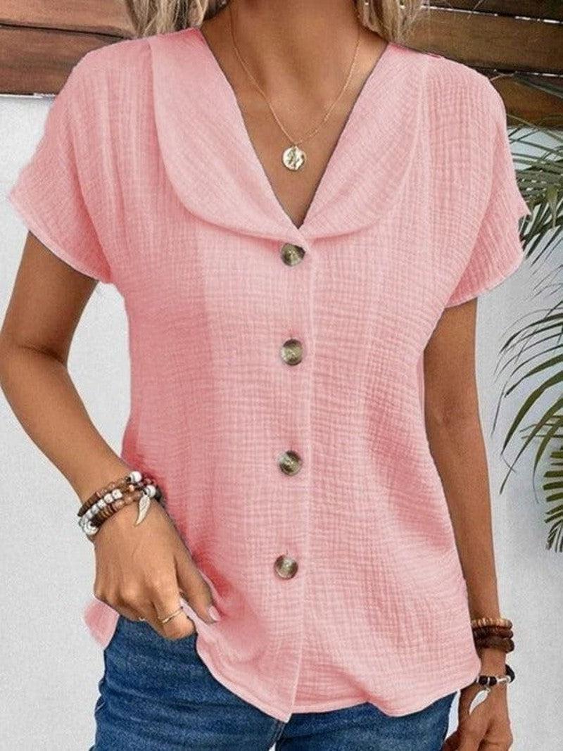 Cheky - Summer Solid Color Fashion Short-sleeved Cardigan Button Women's Top