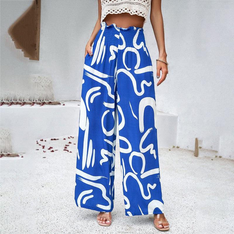 Cheky - Elegant Printed Trousers Summer Loose Elastic High Waist Straight Pants For Beach Vacation Womens Clothing