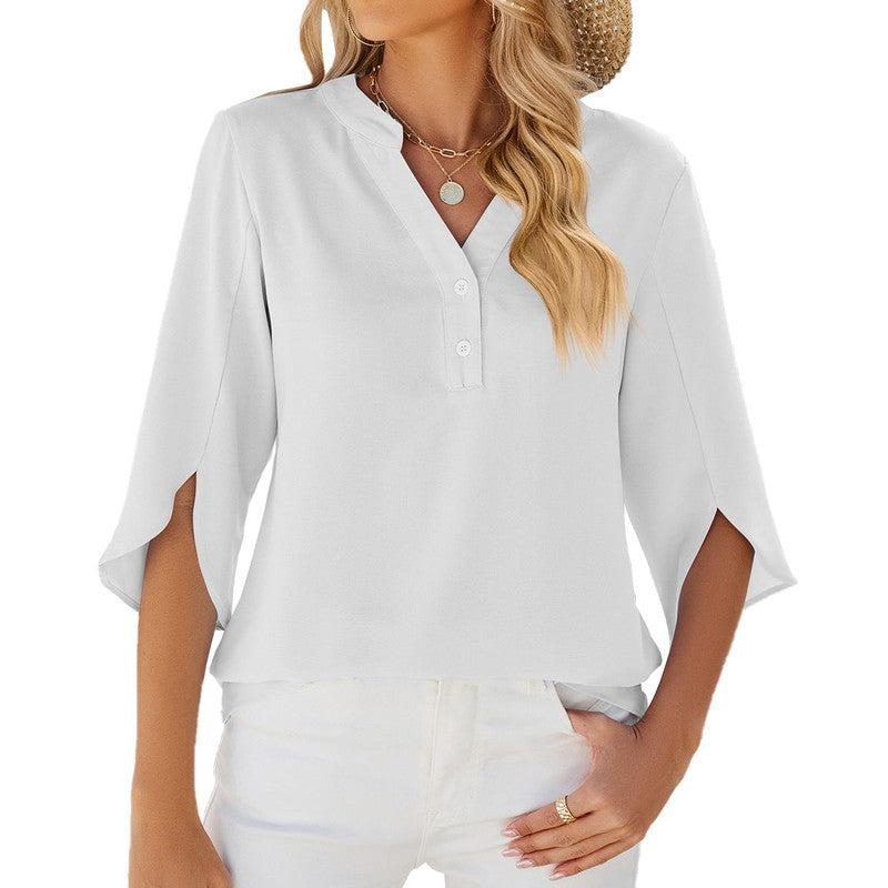 Cheky - Button V-neck Mid-sleeve Chiffon Shirt Solid Color Top Womens Clothing