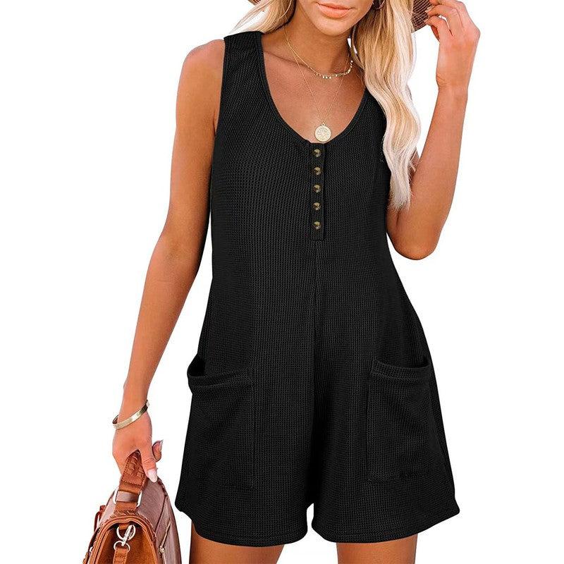 Cheky - Casual Waffle Button Jumpsuit With Pockets Fashion Summer Beach Straight Shorts Overall Pants Womens Clothing