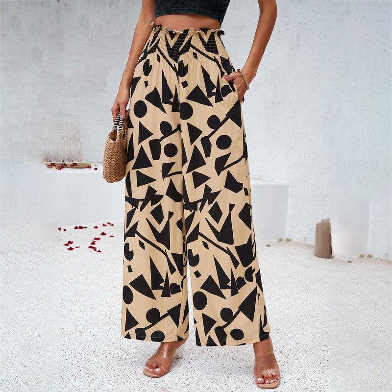 Cheky - Elegant Printed Trousers Summer Loose Elastic High Waist Straight Pants For Beach Vacation Womens Clothing