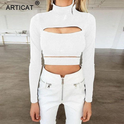 Cheky - Sexy Hollow Out T Shirt Women Fashion Turtleneck Long Sleeve Bandage Crop Top Casual Party Tshirt