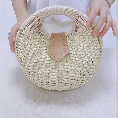 Cheky - Women's Natural Rattan Handwoven Round Shell Handbag Top-handle Bag Summer Fashion Bohemia Female Casual Tote Clutch Beach Bag