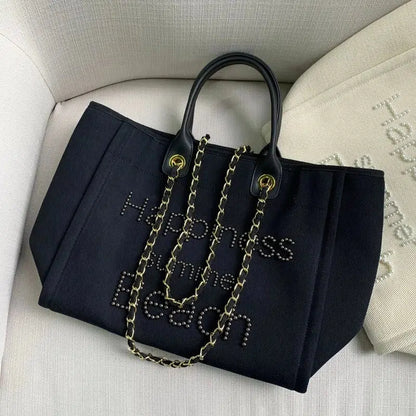 Cheky - New Women Tote Bag Fashion Canvas Large Handbag Chains Genuine Leather Shoulder Bags Ladies Big Messenger Bag Shopping Bag