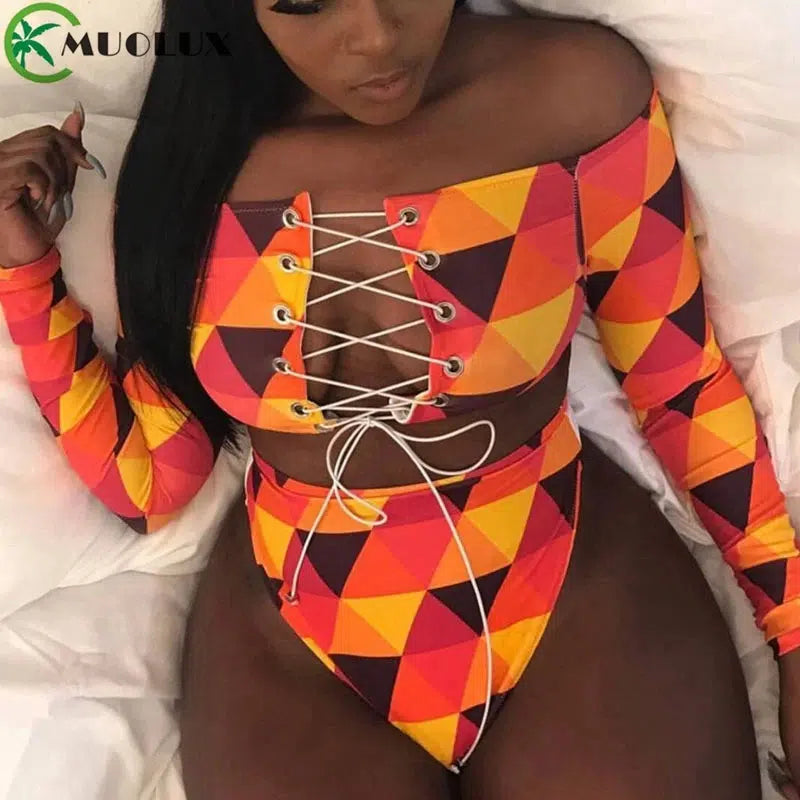 Cheky - Bikinis 2024 Swimwear Push Up Bikini Set Brasileño Long Sleeve Thong Bandage Plus Size Tankini Women Swimsuit Biquini High Waist