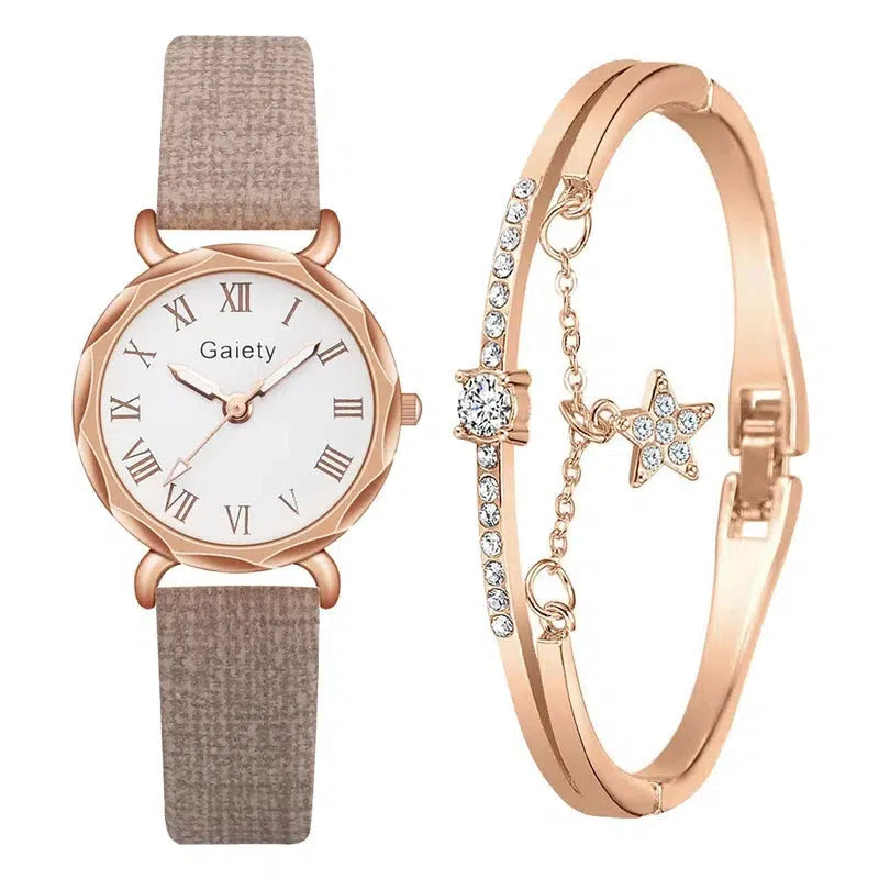 Cheky - Gaiety Brand 2pcs Set Casual Watch For Women Rhinestone Bracelet Watch Leather Ladies Wrist Clock Simple Dress Gfit Montre Femme