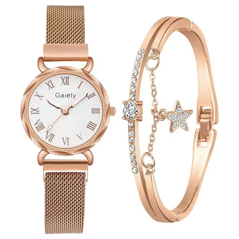 Cheky - Gaiety Brand 2pcs Set Casual Watch For Women Rhinestone Bracelet Watch Leather Ladies Wrist Clock Simple Dress Gfit Montre Femme