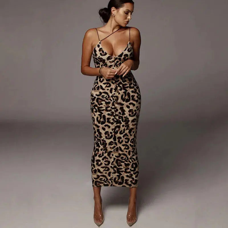 Cheky - leopard print sleeveless V-neck sexy midi dress spring women fashion streetwear Christmas party outfits