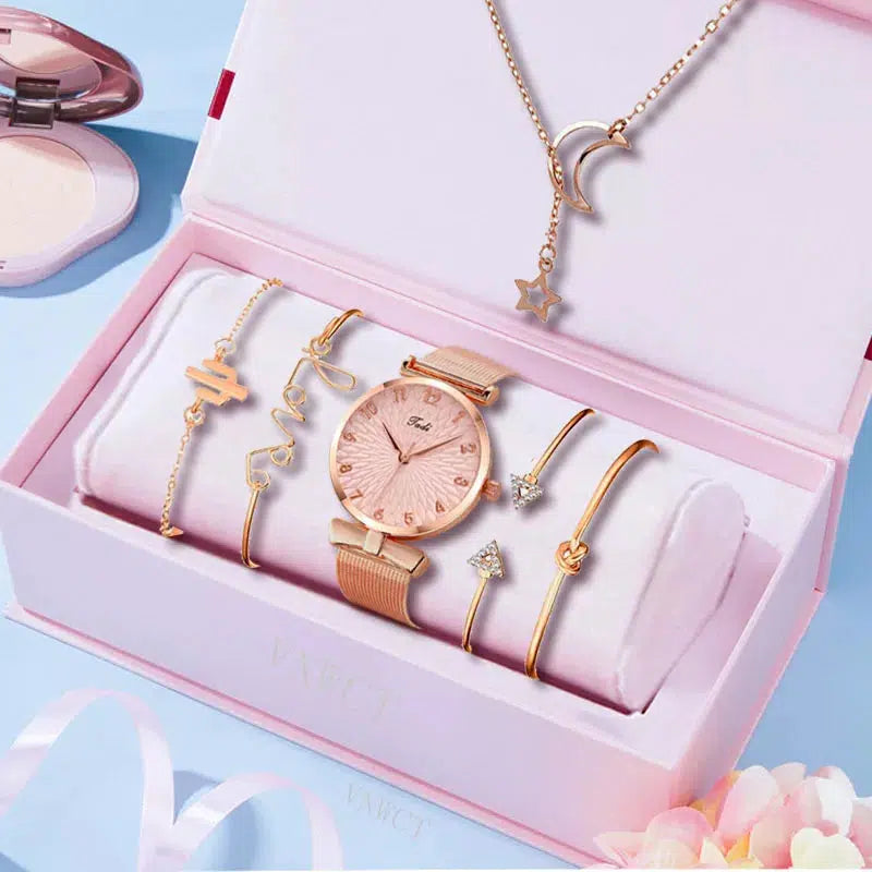 Cheky - Luxury Women Watches 6pcs Set Elegant Female Wristwatches Magnetic Mesh Band Rose Woman Watch Bracelet montre femme reloj mujer