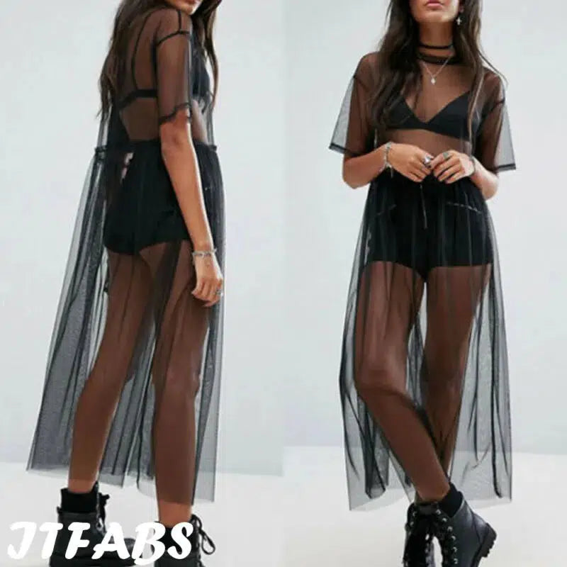 Cheky - Sexy Women Party Evening Black See Through Mesh Dress Sheer Maxi Dress Tulle Lace long Dress Casual Sexy Party Vintage Bodycon