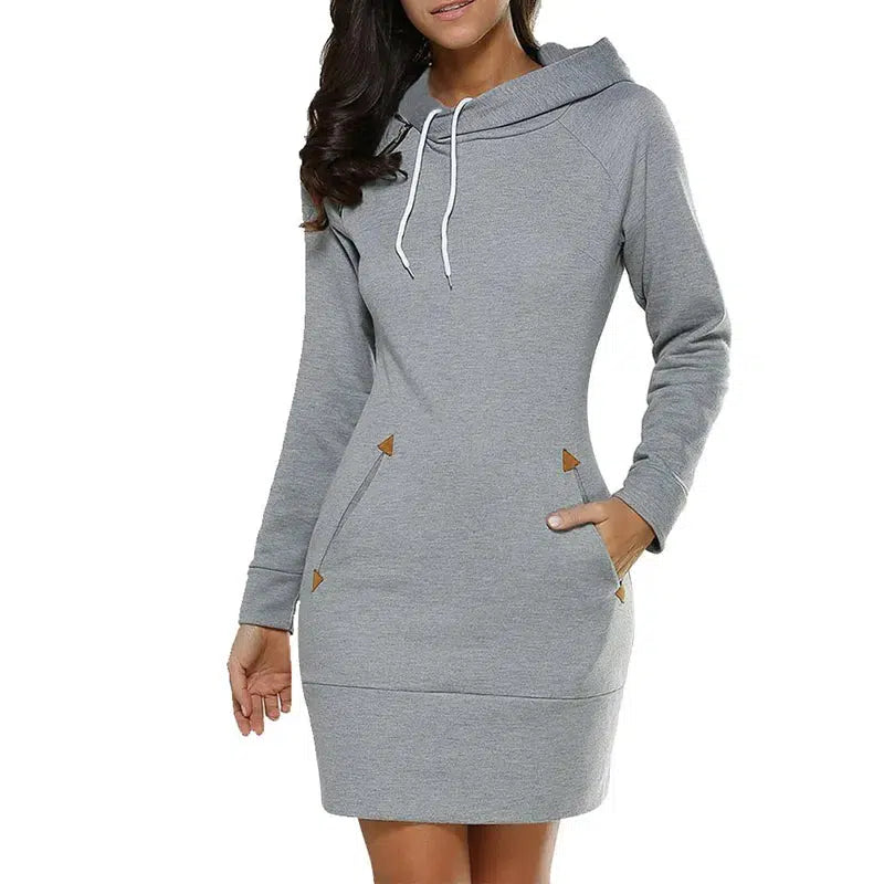 Cheky - Women‘s Knee-Length Pockets Dress Hooded Warm Sweat Shirt Long Sleeve Side Zip Neckline Simple Casual Sports Skirt