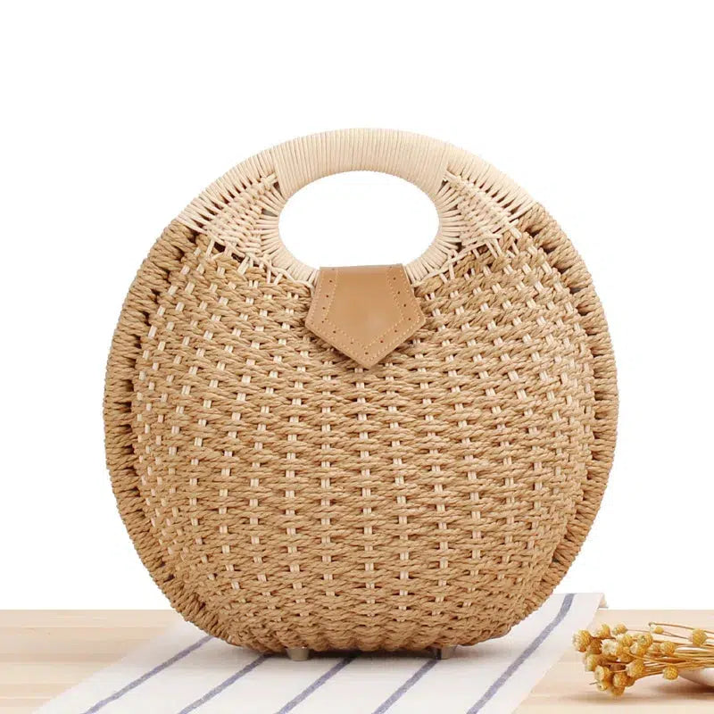 Cheky - Women's Natural Rattan Handwoven Round Shell Handbag Top-handle Bag Summer Fashion Bohemia Female Casual Tote Clutch Beach Bag