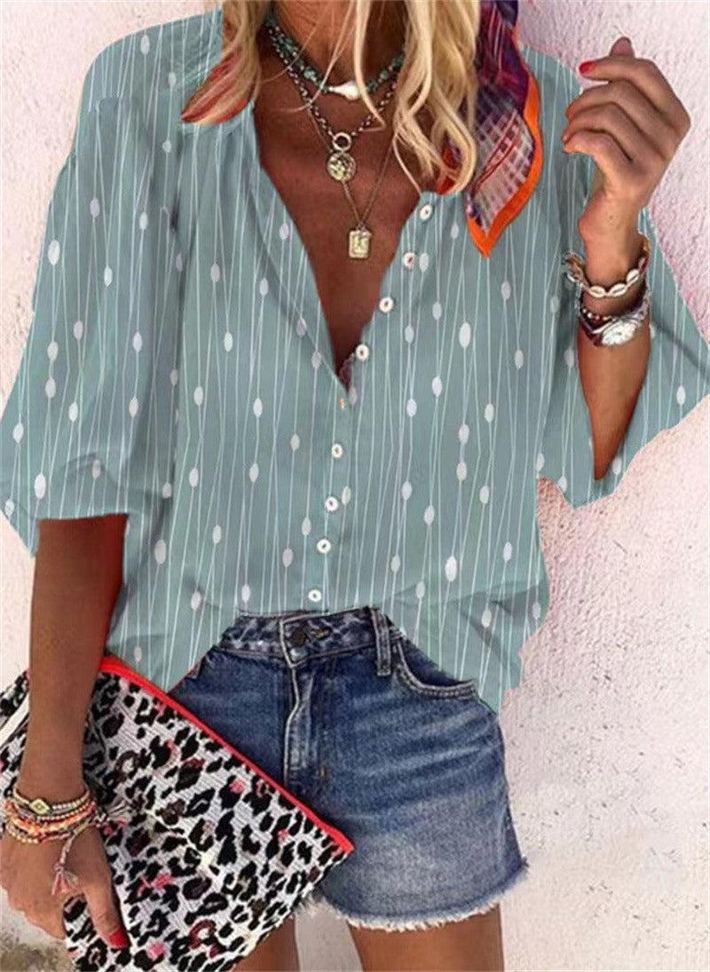 Cheky - Women's Fashion Stand Collar Loose Button Vintage Printed Casual Shirt