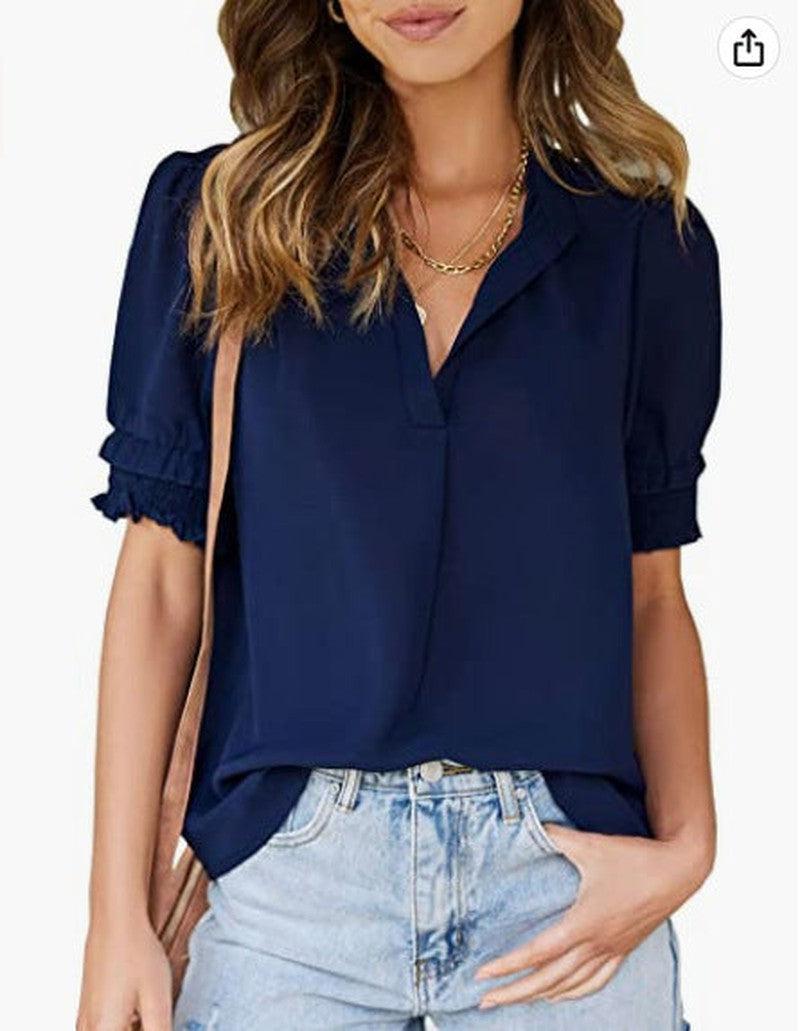 Cheky - Women's V-neck Casual Short-sleeved Solid Color Chiffon Shirt