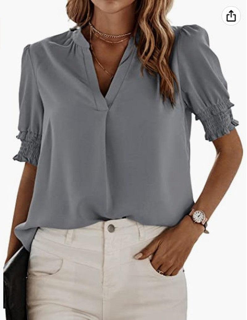 Cheky - Women's V-neck Casual Short-sleeved Solid Color Chiffon Shirt