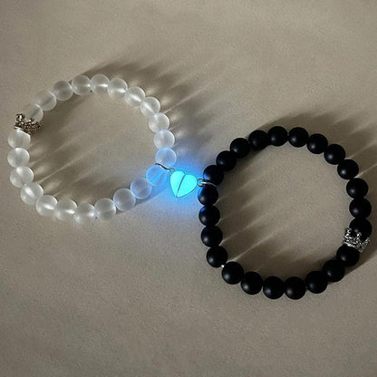 Cheky - Fashion Jewelry 2pcs Handmade Crown Beaded Charms Bracelet Luminou Heart Glow In The Dark Couple Bracelet For Lover Men Women Fluorescent Gift