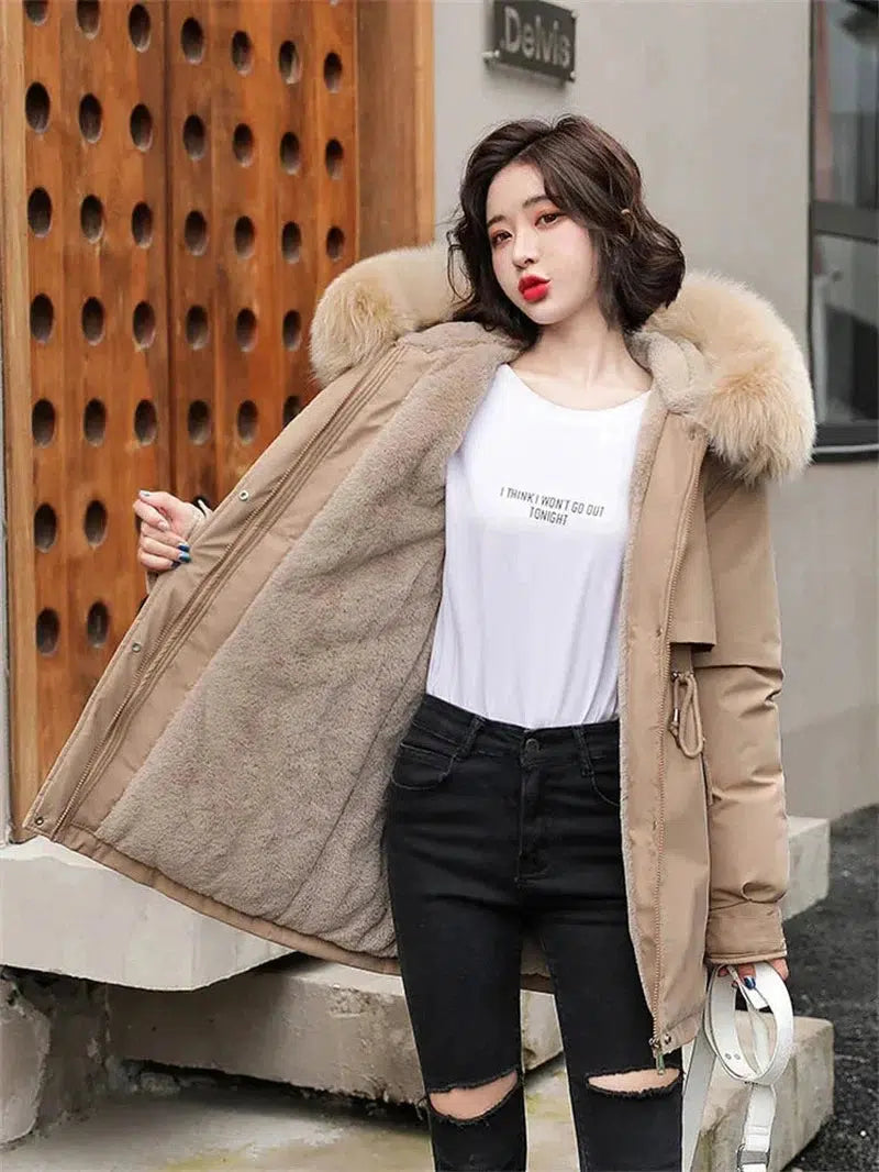 Cheky - Winter Coat Men Women Short Loose Add Velvet Thick Warmth Fur Hooded Parkas 2023 Fashion Korean Adjutable Belt Slim Cotton Coat