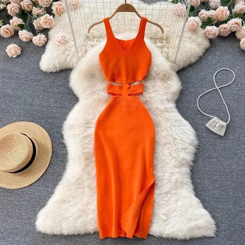 Cheky - YuooMuoo Women Dress Sexy Cut Out Waist Package Hips Split Bodycon Dress Summer Fashion Lady Knitted Party Vestidos Sundress