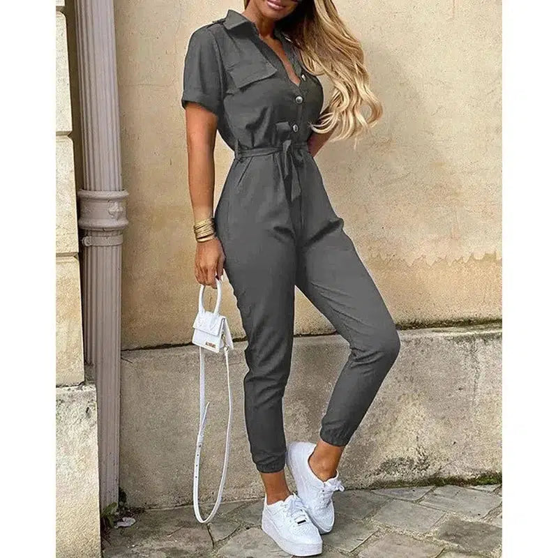 Cheky - Women's Monochromatic Belt Workwear Jumpsuit, Casual Pants, Flip Collar, Buckle, European and American, Summer, 2023