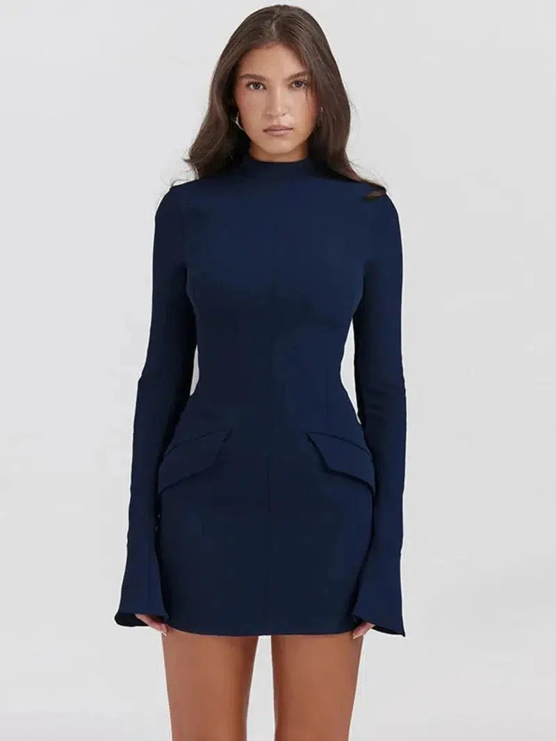 Cheky - Women Elegant Dark Blue Commuting Mini Dress Autumn Sexy Pocket Long Sleeve Bodycon Dresses Lady Chic Party Club Robe