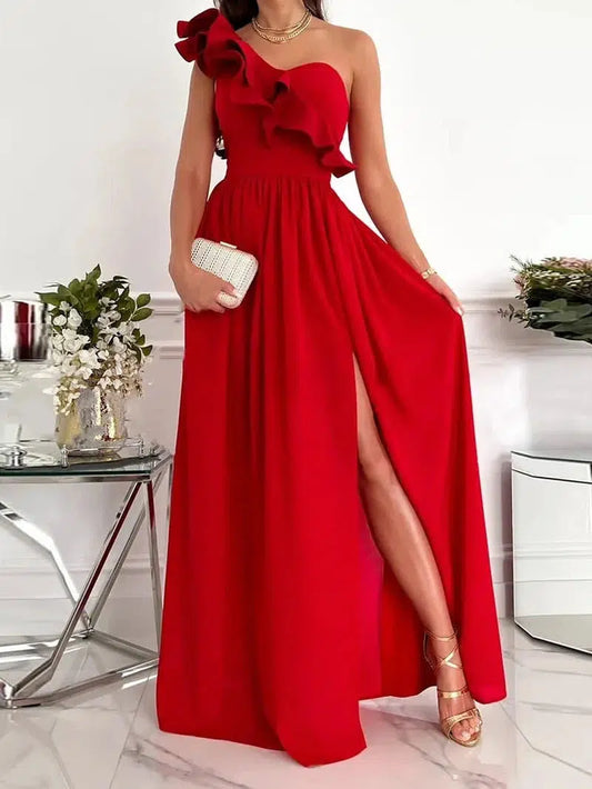 Cheky - Ladies Off Shoulder Diagonal collar Pleated Evening Dress Solid Sleeveless Ruffle Hem Elegant Dress Summer Sexy Slit Maxi Dress