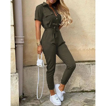 Cheky - Women's Monochromatic Belt Workwear Jumpsuit, Casual Pants, Flip Collar, Buckle, European and American, Summer, 2023