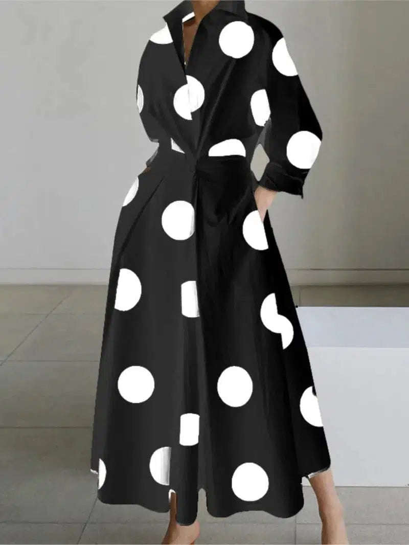 Cheky - White Dot Print Maxi Dress - Elegant Long Sleeve Autumn